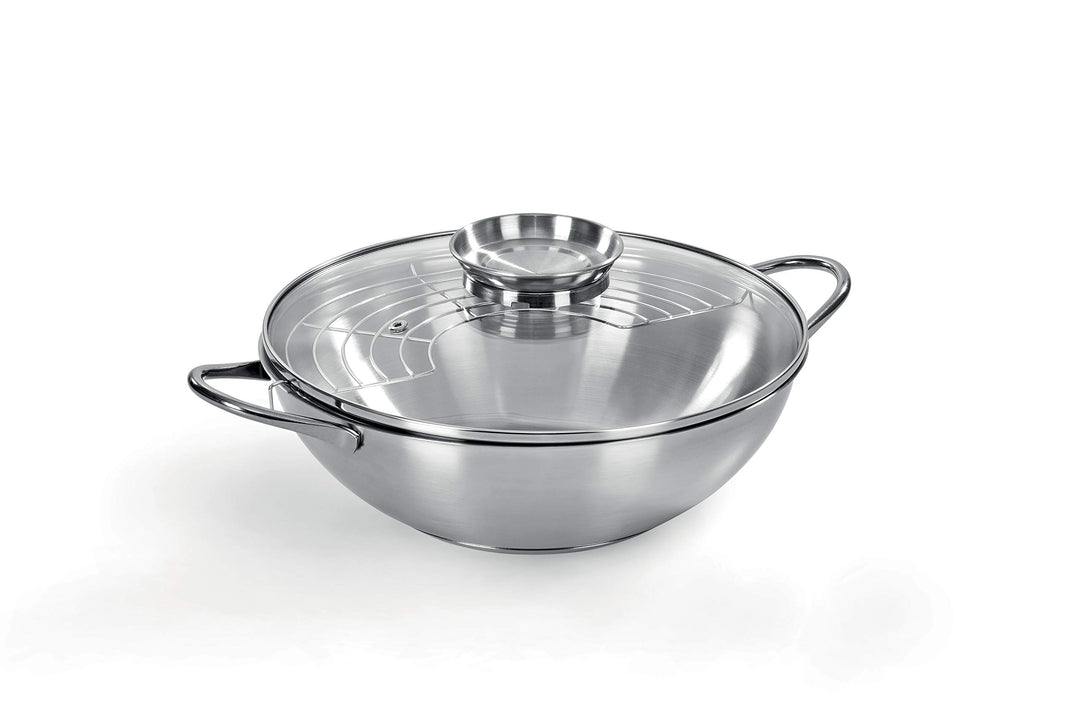 Wok aus Edelstahl 18/10, Ø 28 cm, Fassungsvermögen 3,75 l, Deckel mit Aromaknopf, hergestellt in Ita