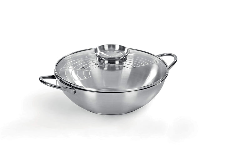 Wok aus Edelstahl 18/10, Ø 28 cm, Fassungsvermögen 3,75 l, Deckel mit Aromaknopf, hergestellt in Ita