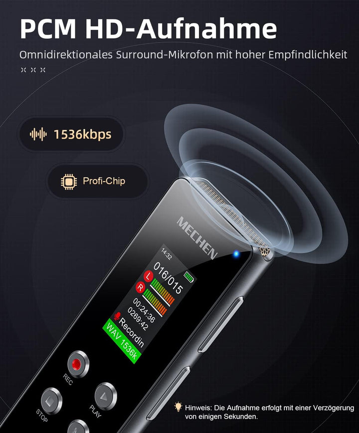 MECHEN 64GB Diktiergerät, EIN-klick HD-Aufnahme (1536kbps), VOR Sprachrekorder, Autom. Rauschunterdr