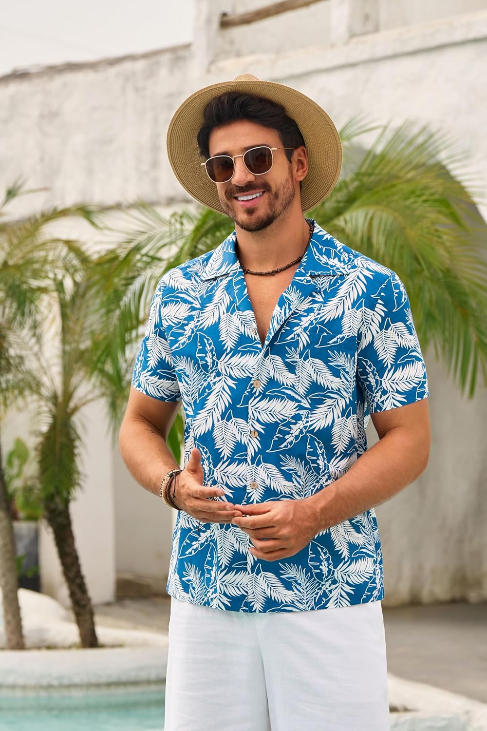Herren Hawaiihemd Freizeit Hemd Kurzarm Baumwolle Blumen Shirt Urlaub Sommer Strand Hemd Reise Shirt