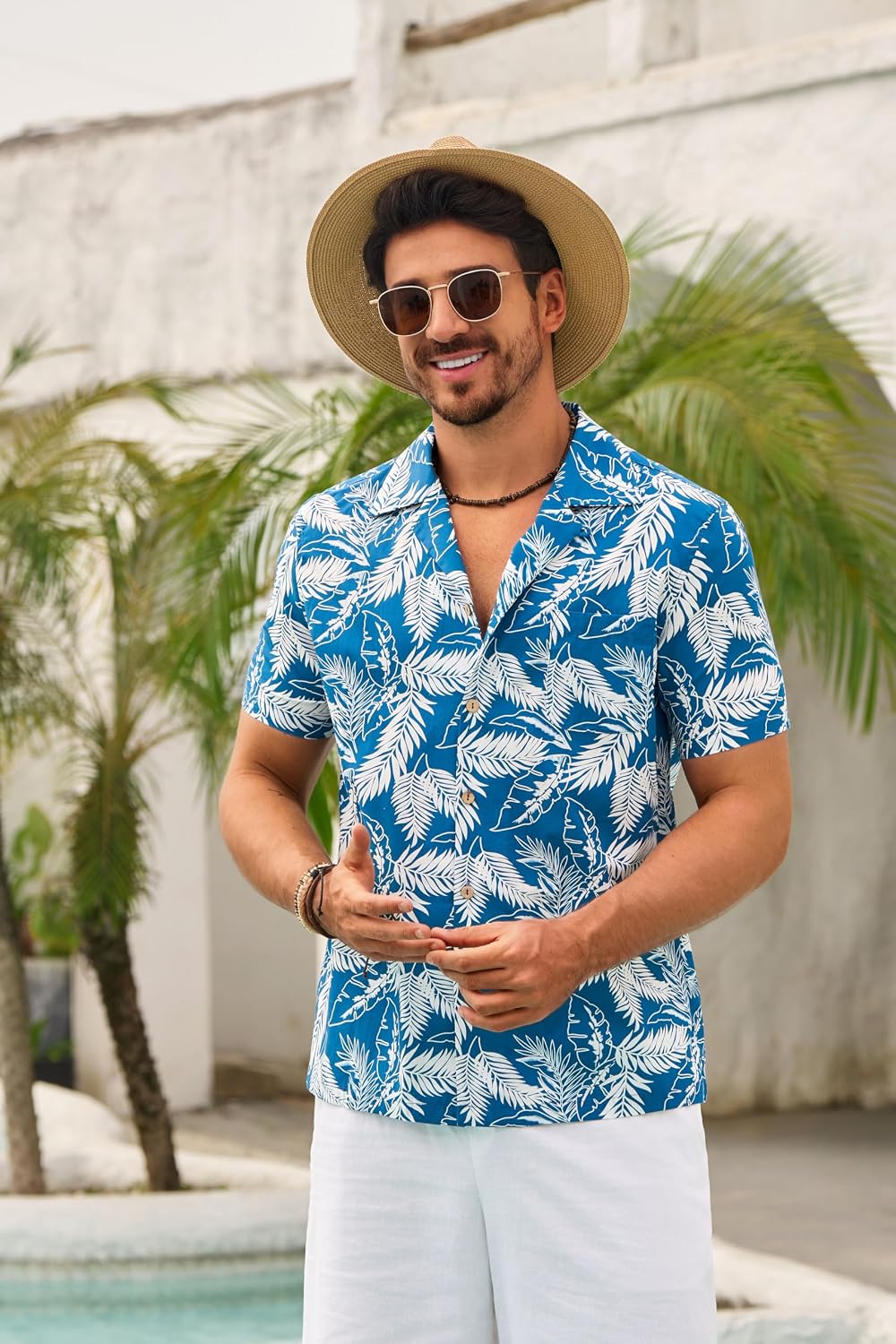 Beotyshow Herren Hawaiihemd Freizeit Hemd Kurzarm Baumwolle Blumen Shirt Urlaub Sommer Strand Hemd R
