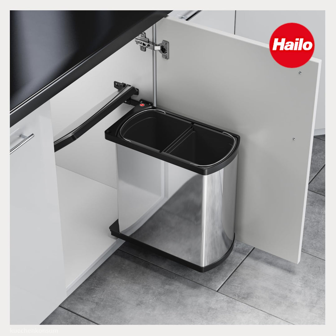 Hailo Abfallsammler 341610 | Duo 16 L Mülleimer | Einbau ab 45 cm Schrankbreite | Edelstahl Schwarz