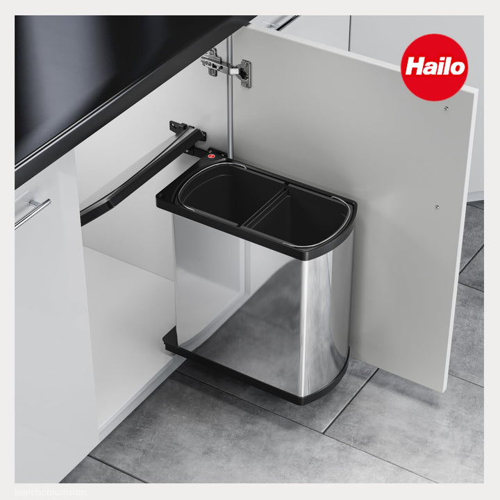 Hailo Abfallsammler 341610 | Duo 16 L Mülleimer | Einbau ab 45 cm Schrankbreite | Edelstahl Schwarz