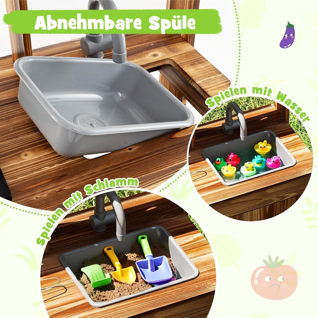 COSTWAY Matschküche Kinder Outdoor, Kinderküche Tannenholz mit 4 Kochtöpfen & Wasserhahn & Abnehmbar