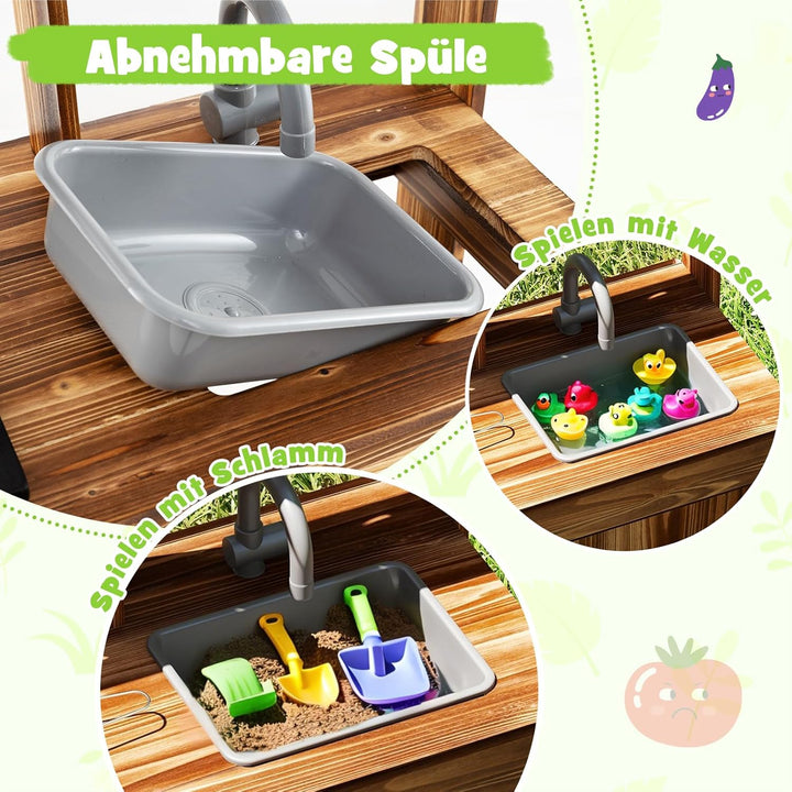 COSTWAY Matschküche Kinder Outdoor, Kinderküche Tannenholz mit 4 Kochtöpfen & Wasserhahn & Abnehmbar