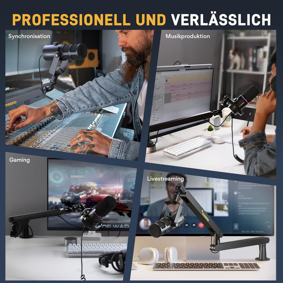 MAONO Mikrofon Arm – Low Profile Mic Arm mit Kabelkanälen für aufgeräumten Arbeitsplatz. Mit Tischkl