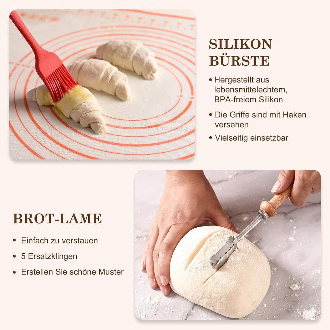 Sauerteig Starter Set, 11-teilig Gärkorb Brot Set, Oval 25cm, Rattan, Komplettset Brot Backen Zubehö