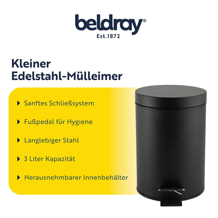 Beldray LA038098BLKFEU7 Badezimmer-Fusspedal-Mülleimer - Kleiner runder Edelstahl-Hygienemülleimer f