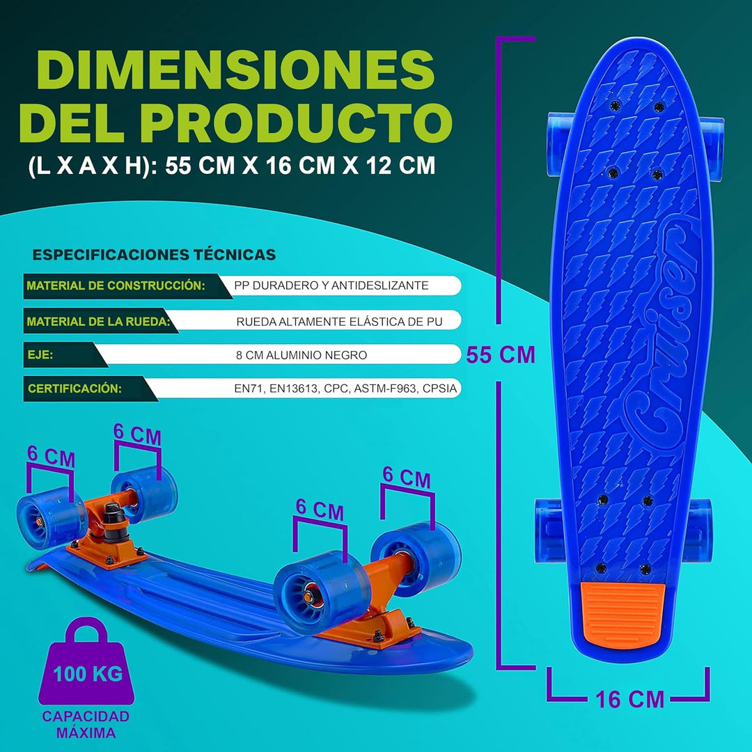 Hurtle Skateboard Kinder ab 6 Jahre, Mini Skateboard mit LED Leuchtrollen, 55cm Pennyboard mit Anti-