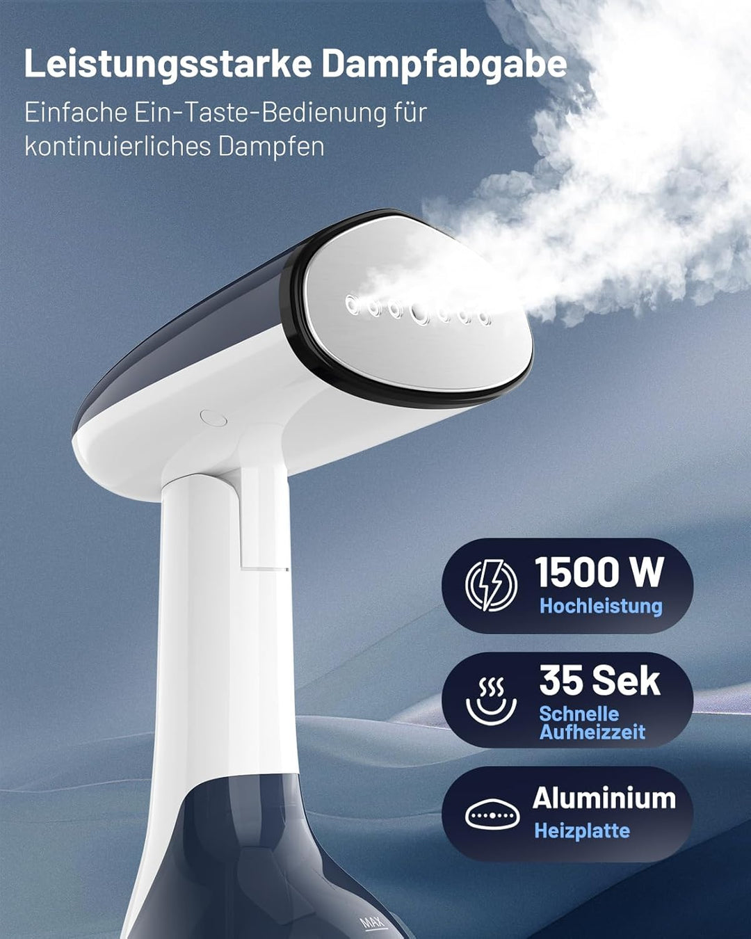 BEAUTURAL Steamer, 1500W Dampfglätter, Schnelles Aufheizen, 260ml Wassertank, Auto-Abschaltung, Falt