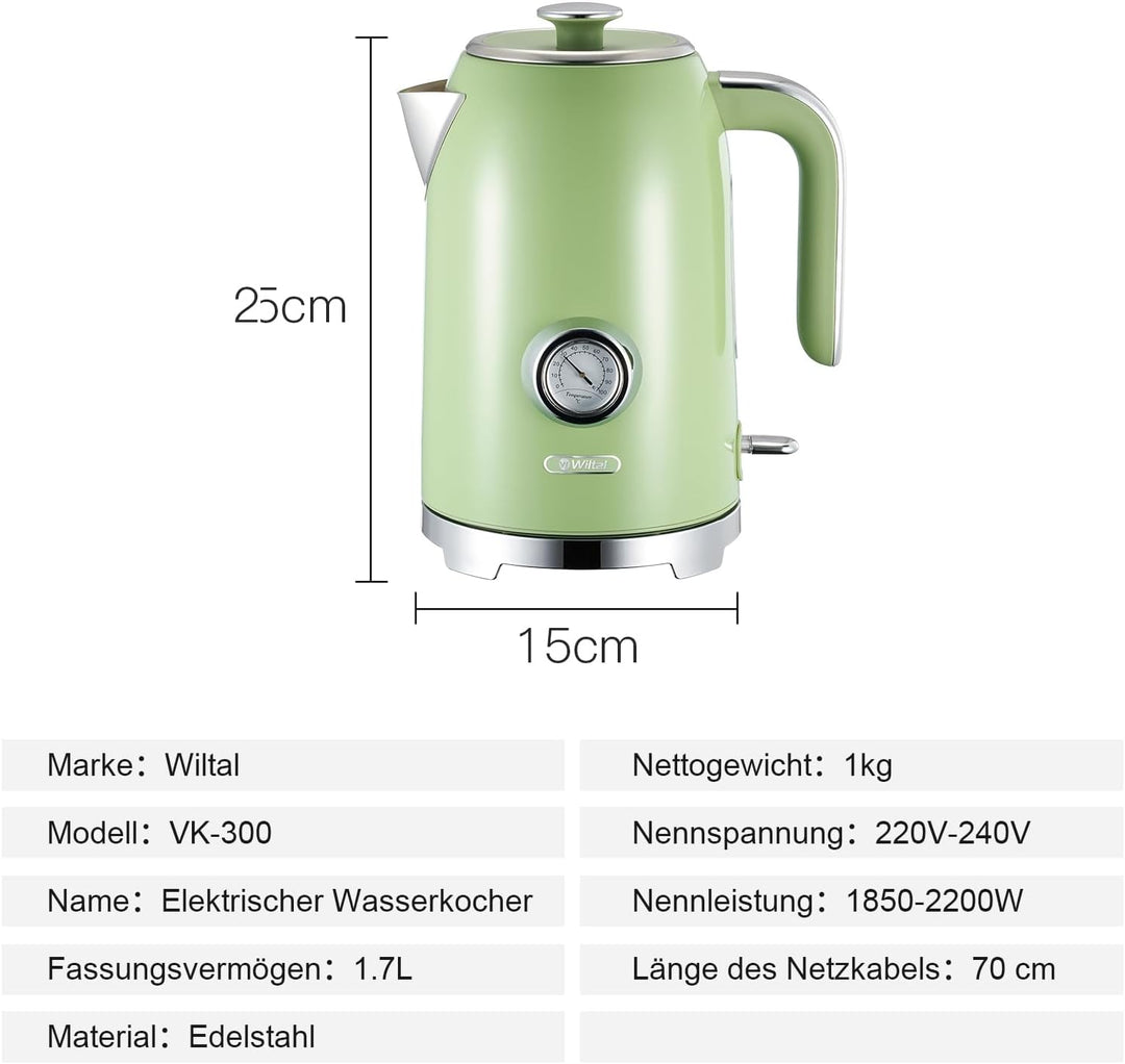 Wiltal Wasserkocher [1,7L, 2200W], Retro Green, Edelstahl, Toaster Wasserkocher set Retro (Wassertem