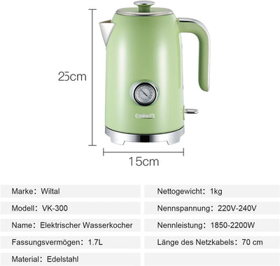 Wiltal Wasserkocher [1,7L, 2200W], Retro Green, Edelstahl, Toaster Wasserkocher set Retro (Wassertem