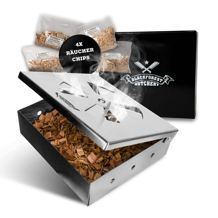 Blackforest Butchery - BBQ Räucherbox Set inkl. Räucherchips – Smokerbox aus Edelstahl – Smokergrill