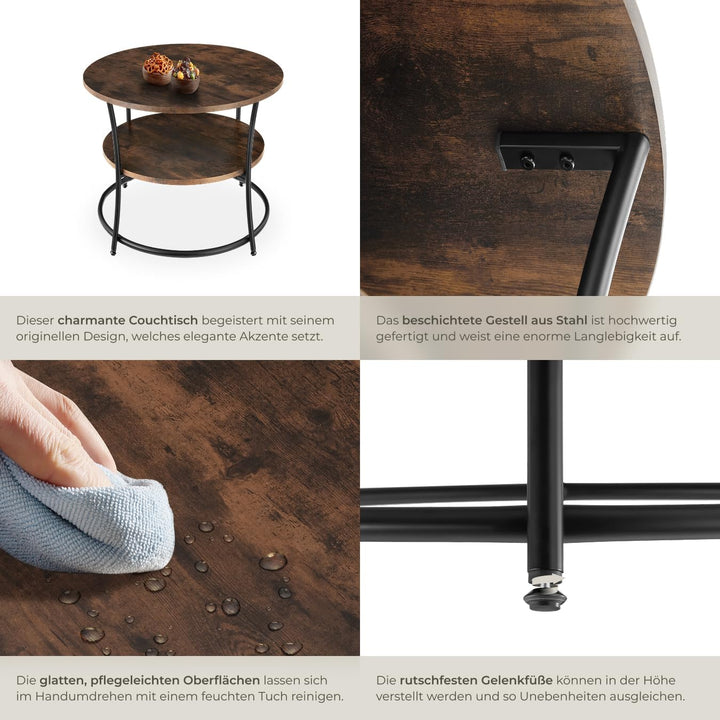 tectake® Tisch rund, 2 Ablagen, Wohnzimmertisch Ø 80, Couchtisch mit Stauraum, Beistelltisch Holz un