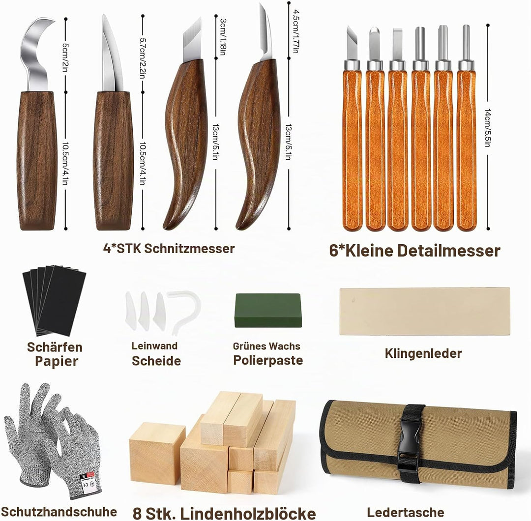 Holzschnitzwerkzeug-Set, Holzschnitzset mit Lederetui – Holzbearbeitungsmesser mit Lindenholzblöcken