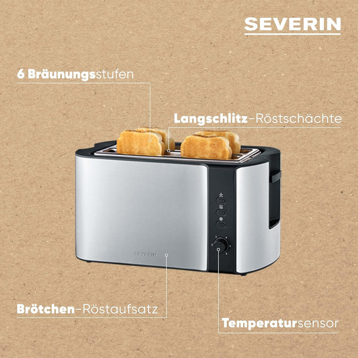 SEVERIN Automatik-Toaster, 2 Langschlitzkammern, Für bis zu 4 Brotscheiben, 1.400 W, AT 2590, Edelst