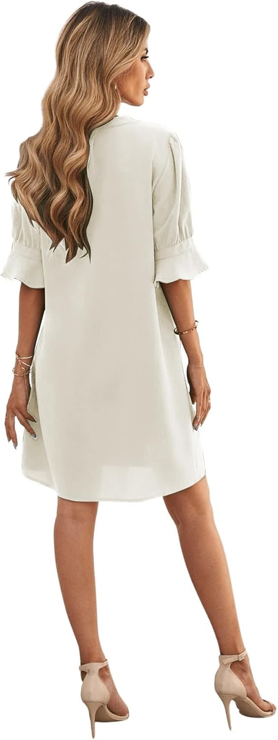 Famulily Frauen V-Ausschnitt Halbarm Hemdkleid Elegant Sommer Casual Einfarbig Kurzes Kleid S-XXL S