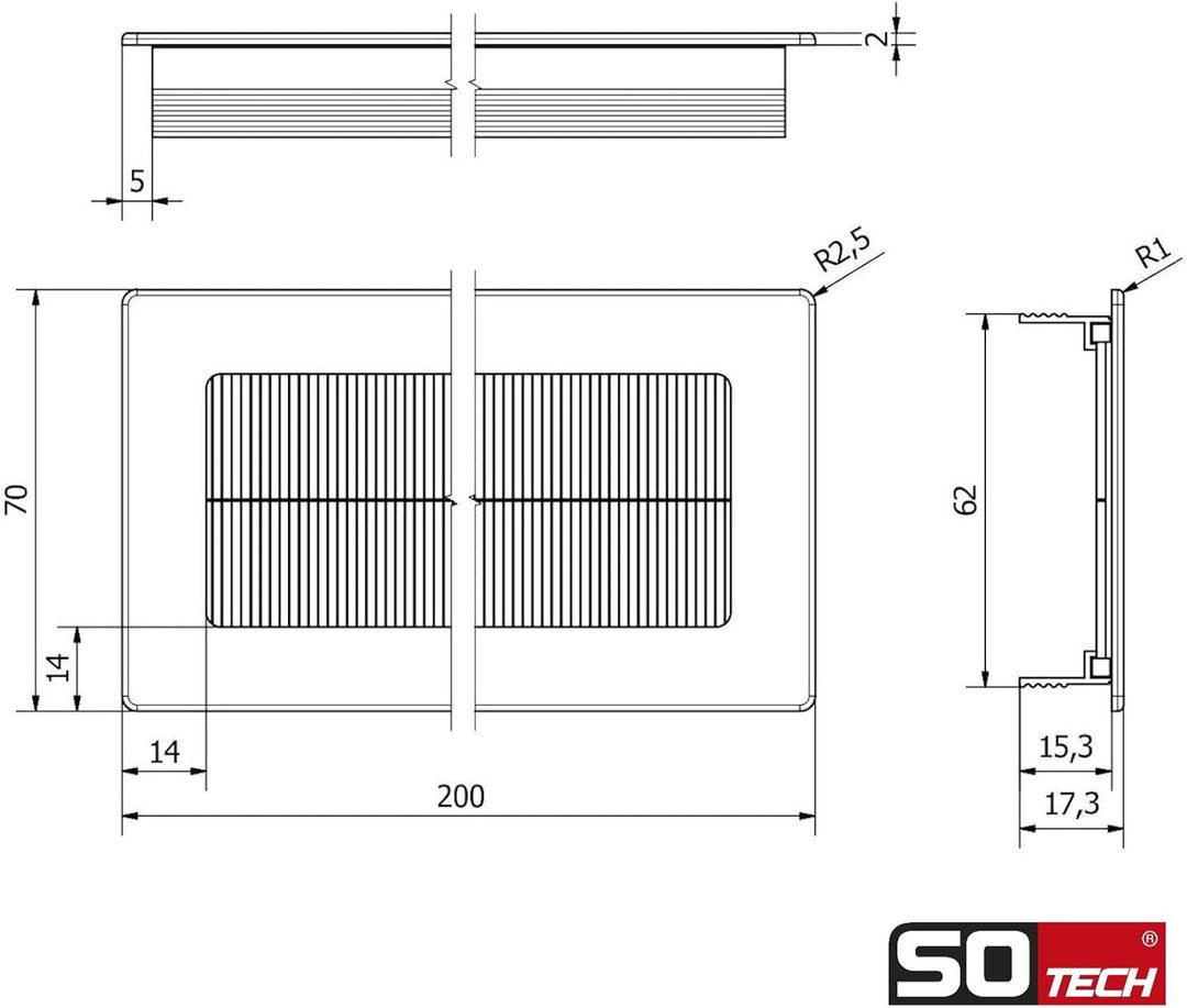 SOTECH 2 x Kabeldurchlass Toledo aus Aluminium weiss eloxiert 200 x 70 mm, Einbaumass: 190 x 62 x 15