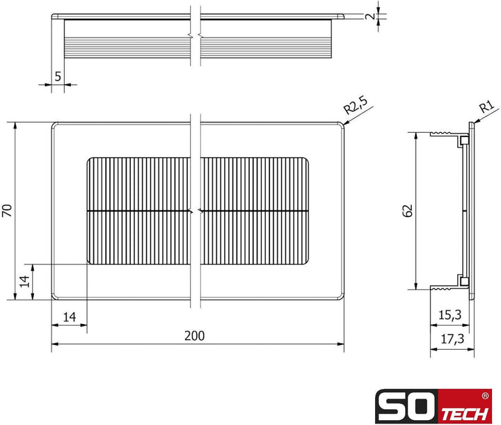 SOTECH 2 x Kabeldurchlass Toledo aus Aluminium weiss eloxiert 200 x 70 mm, Einbaumass: 190 x 62 x 15