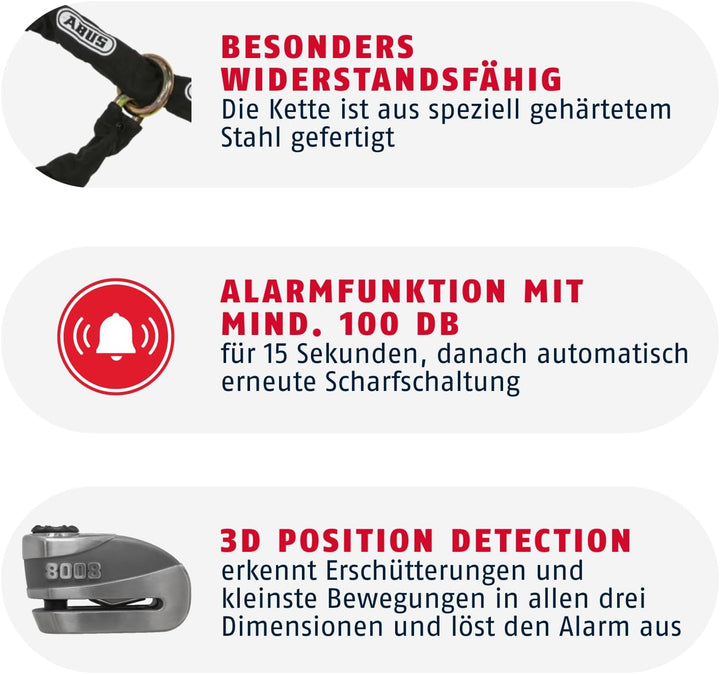 ABUS Schloss-Ketten-Kombi Granit Detecto XPlus™ 8008/12KS120 - Motorradschloss mit Alarmfunktion - A