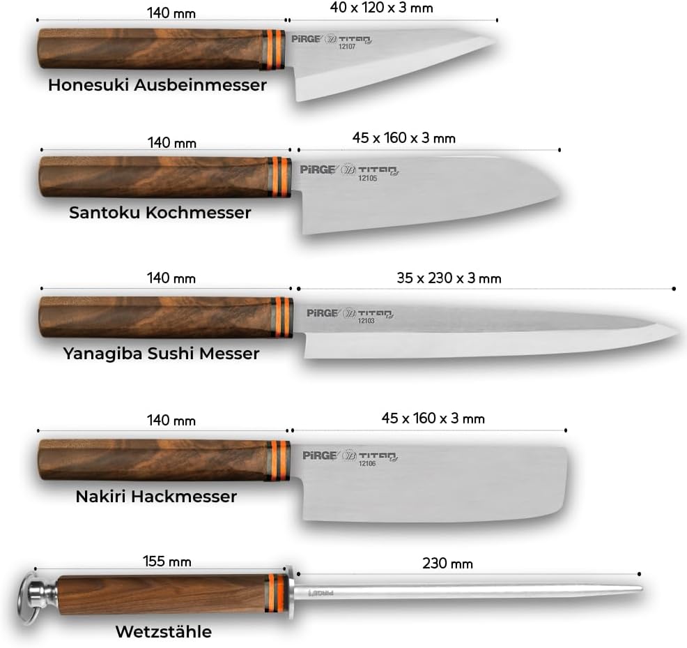Pirge Titan Küchenmesser Set 5-teilig Santoku, Nakiri, Yanagiba, Honesuki - Rollbag einbezogen TITAN