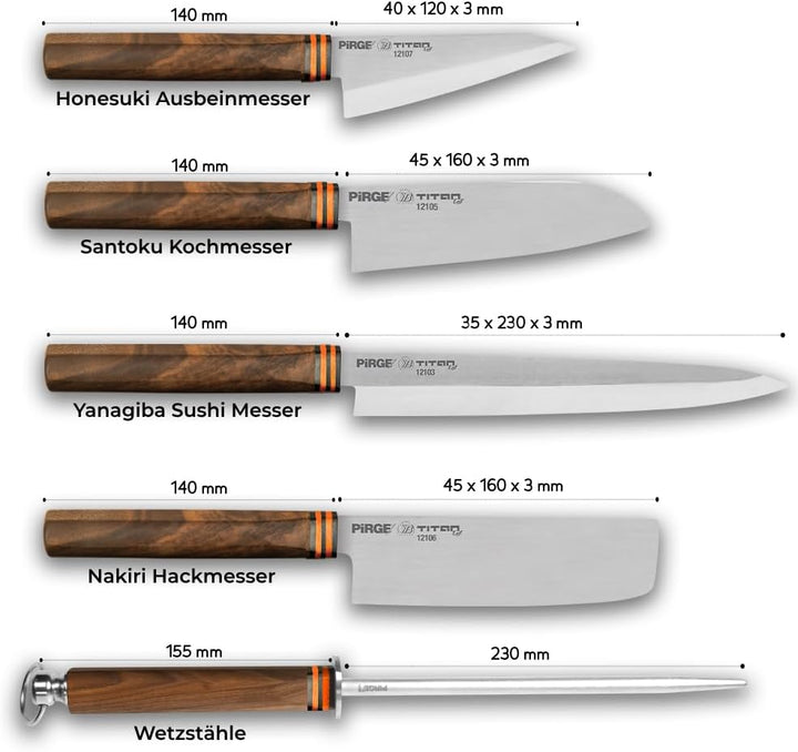 Pirge Titan Küchenmesser Set 5-teilig Santoku, Nakiri, Yanagiba, Honesuki - Rollbag einbezogen TITAN