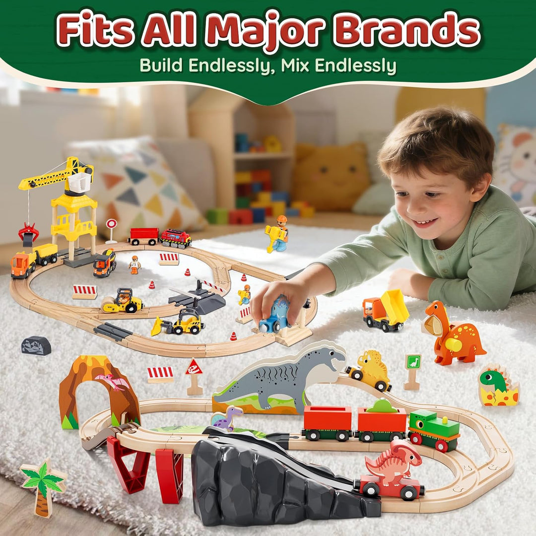 Lehoo Castle Holzeisenbahn, Holz Eisenbahn Kinder, Dinosaurier Spielzeug Holzeisenbahn Schienen, Din