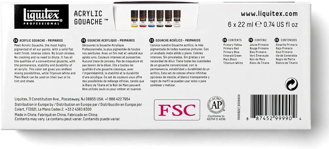 Liquitex 3699322 Acrylfarbe mit Gouache Eigenschaften, Lichtecht, wasserfest, 6 Acrylfarben in 22ml