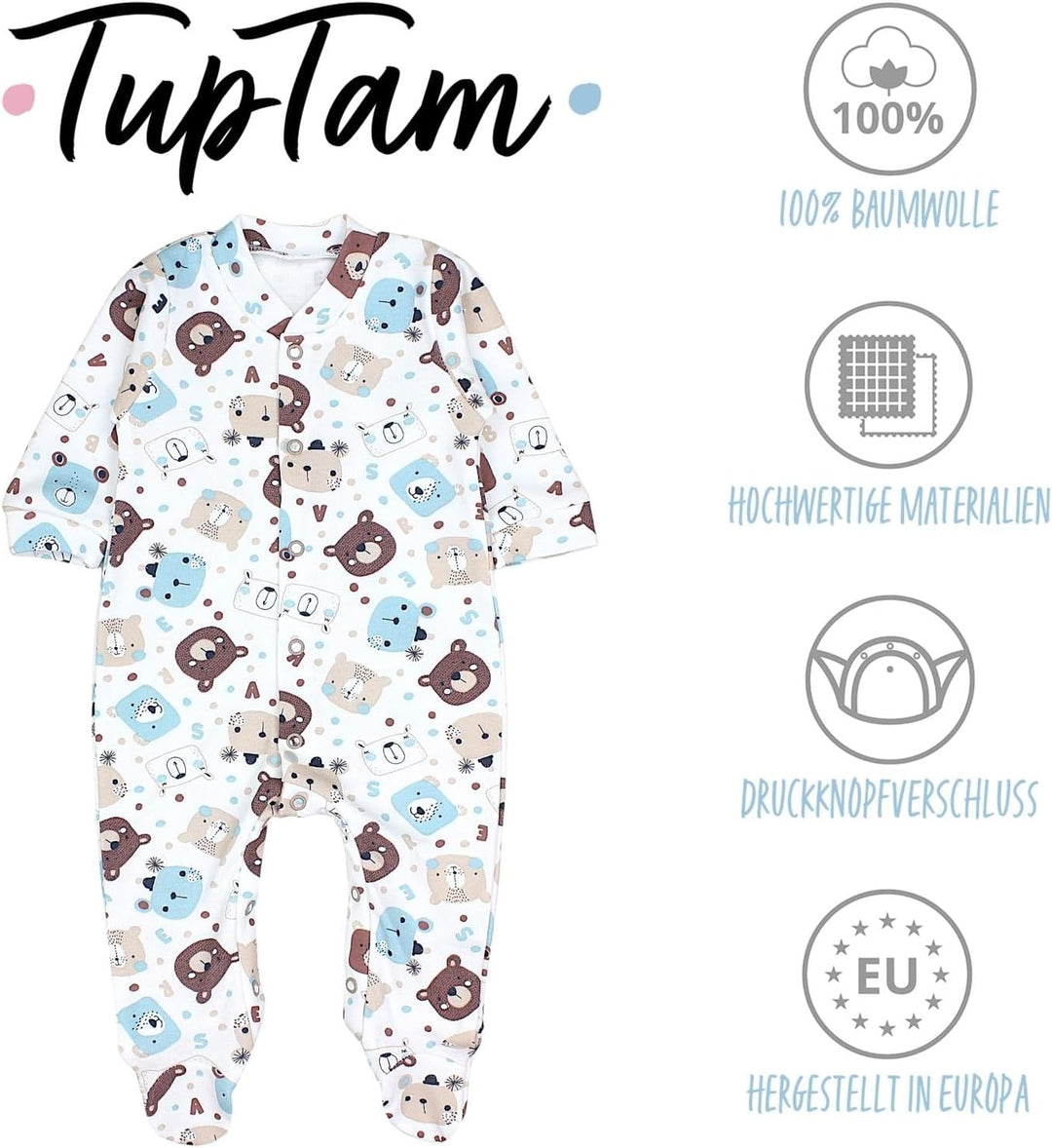 TupTam Baby Jungen Schlafstrampler Langarm Strampler Schlafanzug mit Fuss 3er Pack 50 Bärchen Blätte
