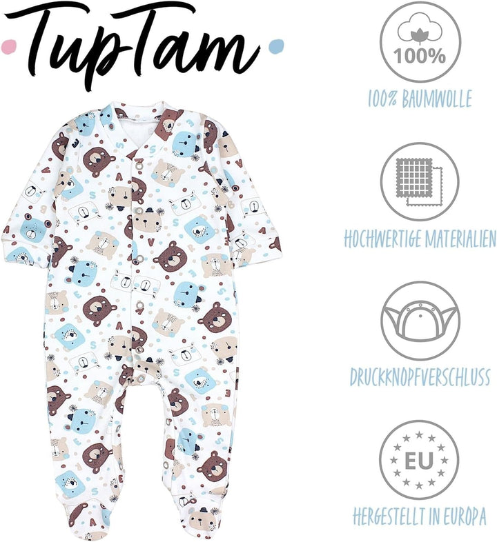 TupTam Baby Jungen Schlafstrampler Langarm Strampler Schlafanzug mit Fuss 3er Pack 50 Bärchen Blätte