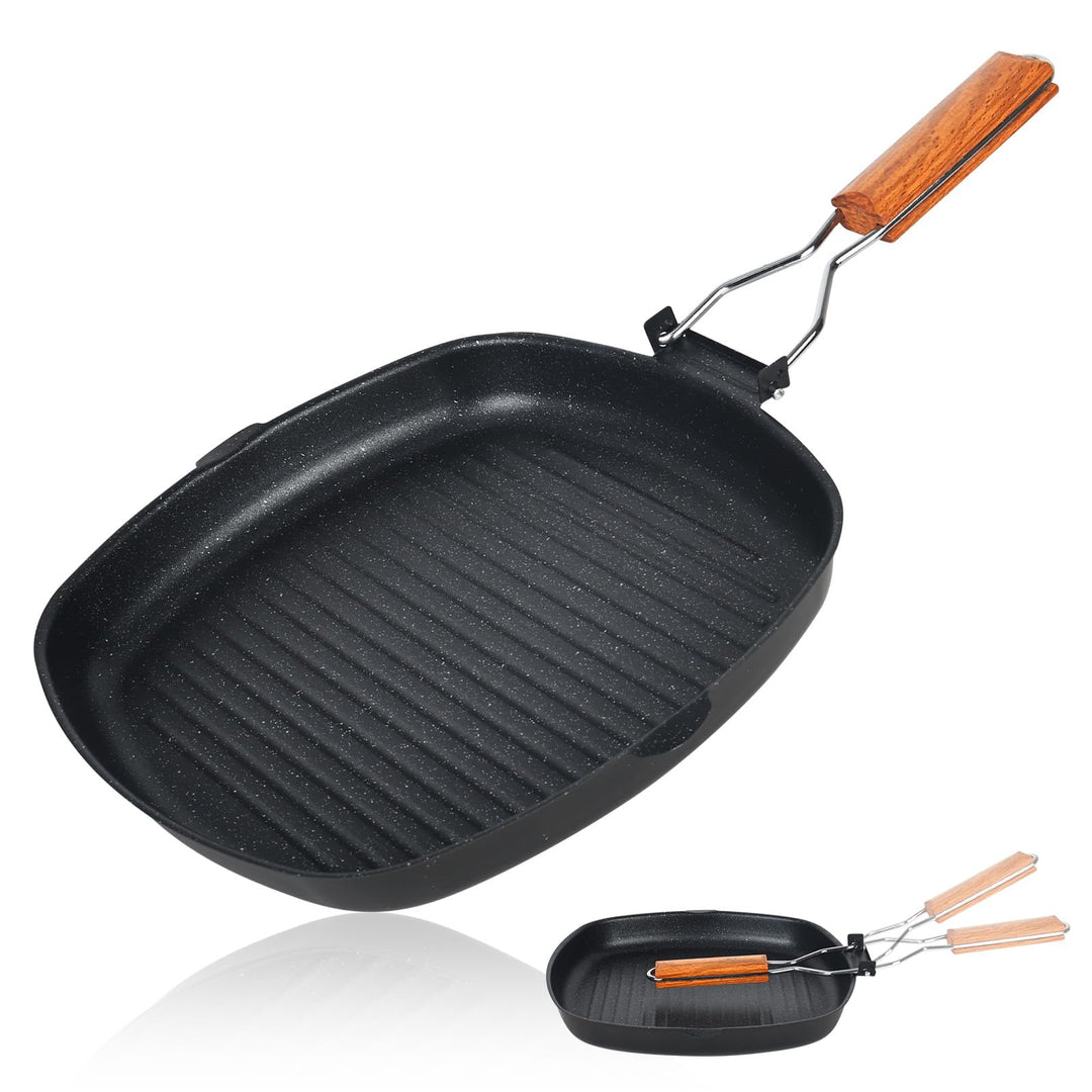 Grillpfanne Induktion, 28 x 28 CM Steakpfanne, Grillpfanne Gusseisen, Antihaft-Grillpfannes Mit Klap