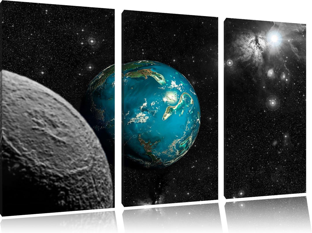 Pixxprint Planet Erde im Kosmos als Leinwandbild/Grösse: 3 Teilig (120x80 cm) cm/Wandbild/Kunstdruck