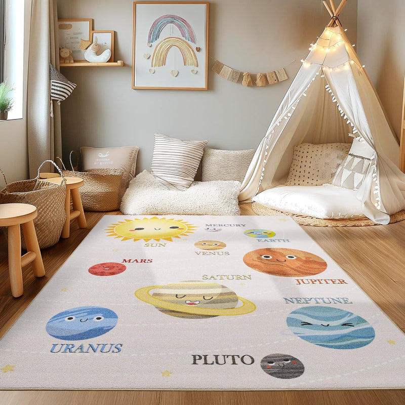 HomebyHome Teppich Kinderzimmer Planeten Muster Jungen-Mädchen Kinderteppich Beige Babyzimmer Teppic