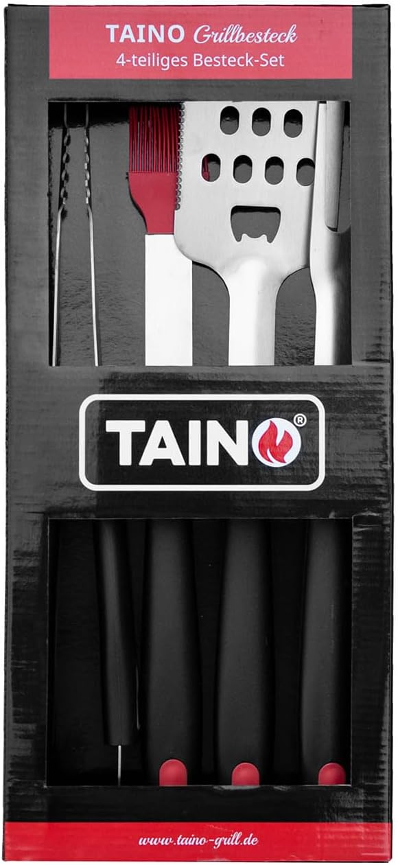 TAINO Grillbesteck-Set 4-teilig Edelstahl Grillzubehör schwarz rot BBQ-Zubehör Accessoire, 4-teilig