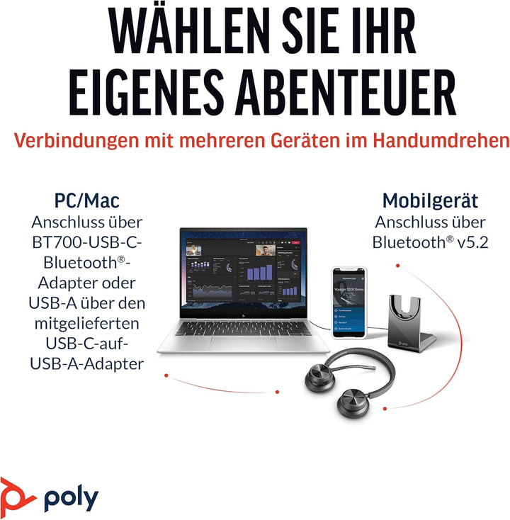 Schnurloses Poly Voyager 4320 UC-Headset und Ladestation – Stereo-Kopfhörer mit Noise Cancelling-Mik