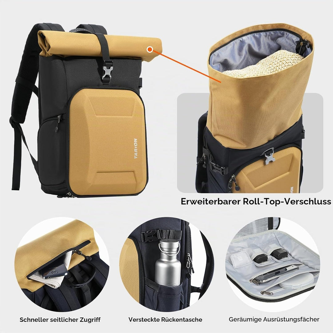 TARION Kamerarucksack Rolltop Fotorucksack mit Hartschale: Professionelle Kameratasche Spiegelreflex