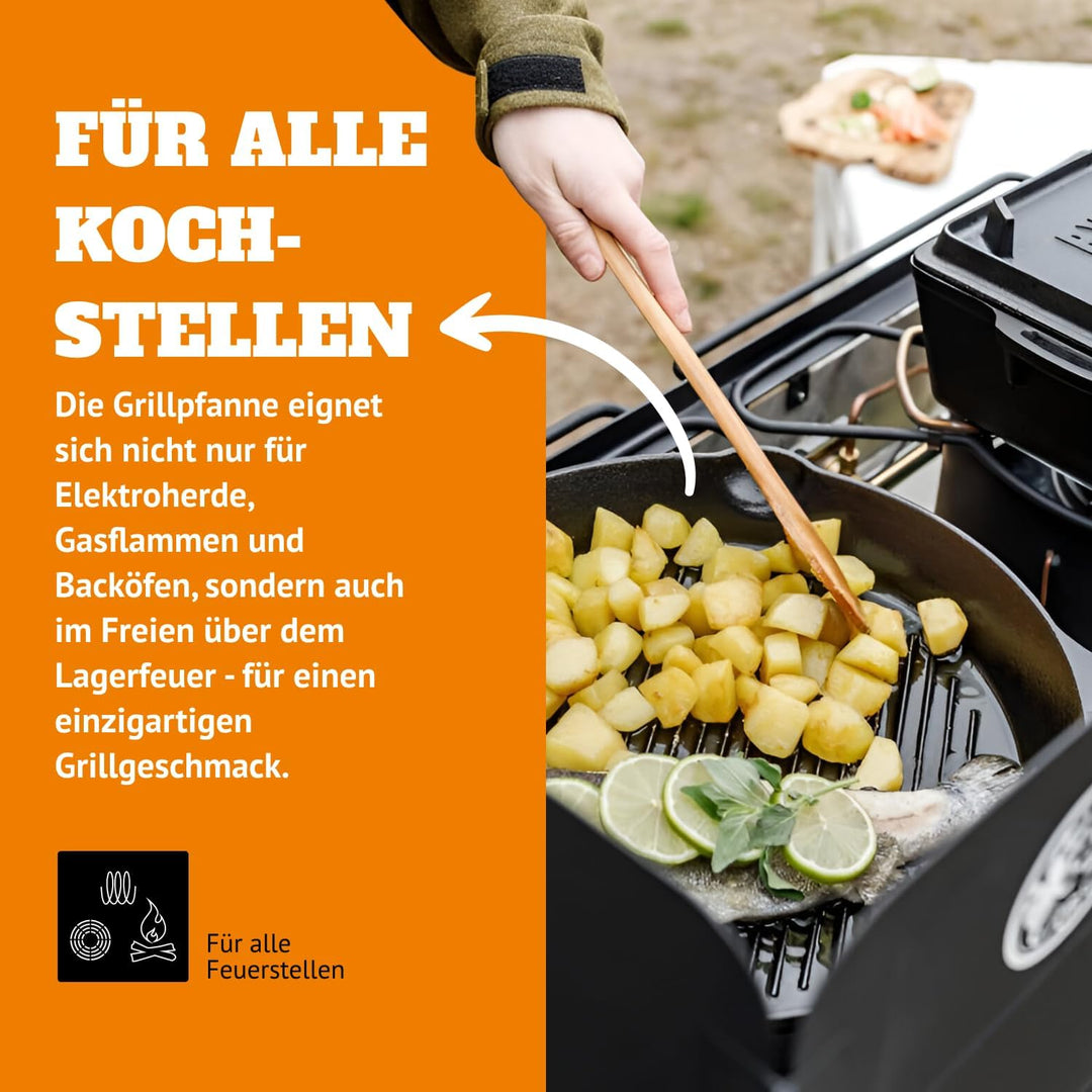 Petromax Grill-Feuerpfanne mit 2 Henkeln - Grillpfanne aus Gusseisen für alle Herdarten, Gasflamme,