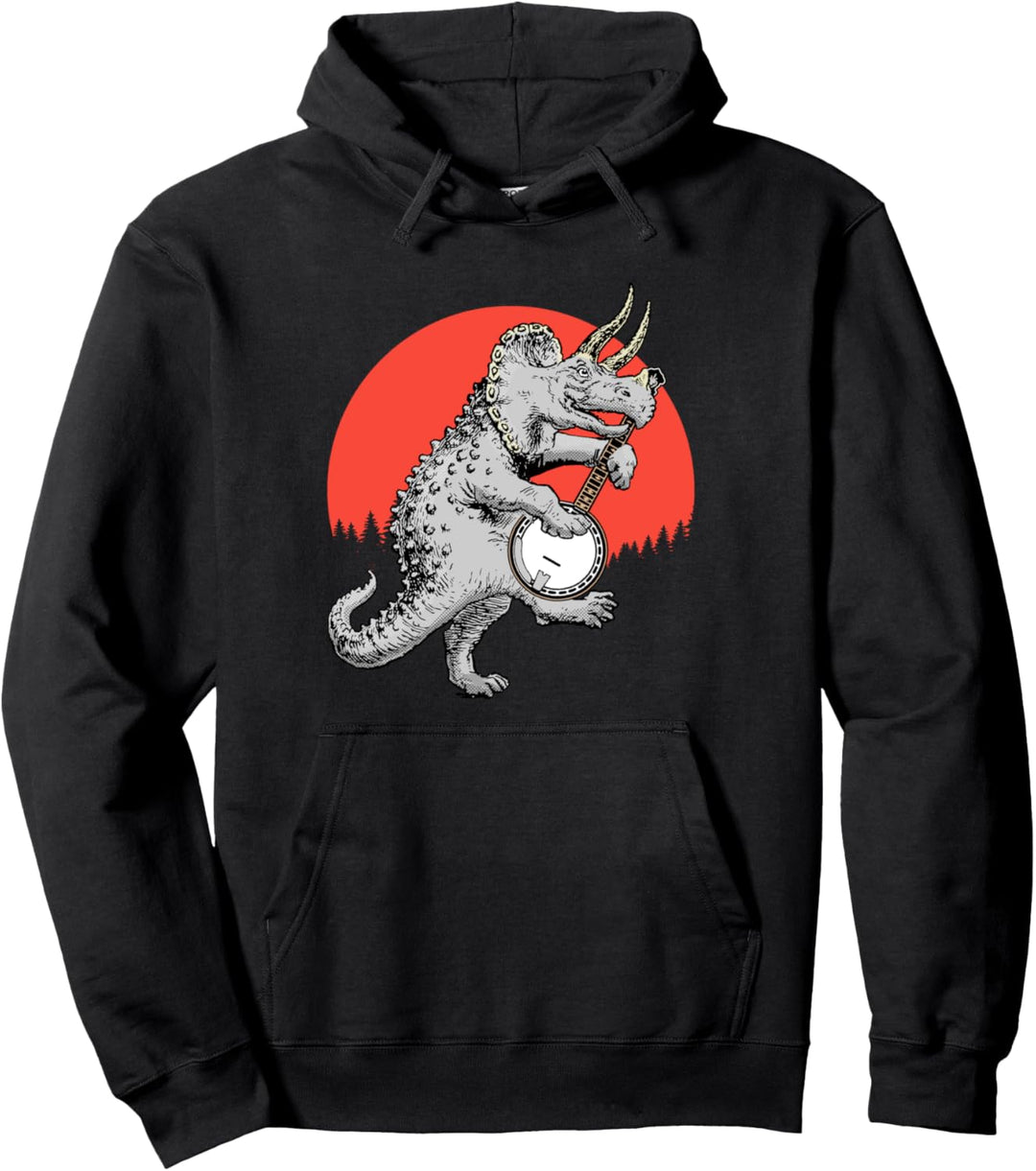 Banjosaurus! Funny Triceratops Dinosaur Playing Banjo Retro Pullover Hoodie