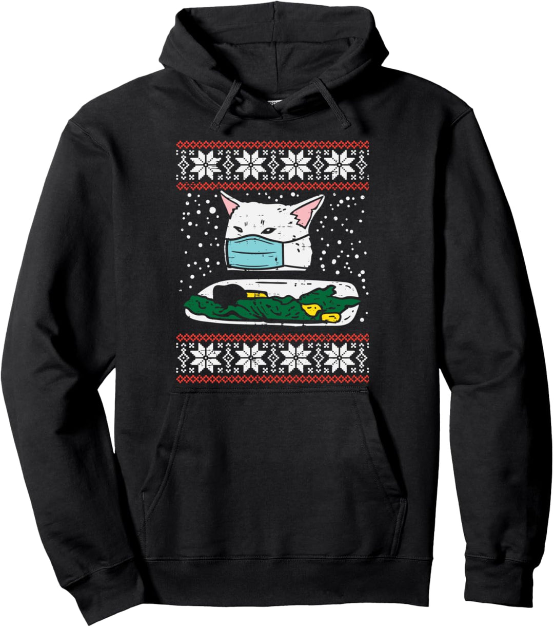 Confused Cat Face Mask Meme Ugly Christmas Quarantine Gift Pullover Hoodie