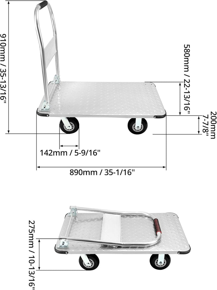 QWORK® Robuster Klappbarer Plattformwagen, mit 1100 kg Tragkraft, 90 * 60cm und Geräuschlosen Gummir