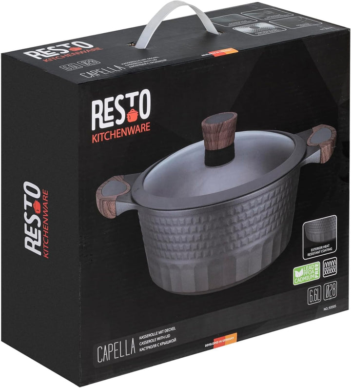 RESTO Kochtopf Schmortopf 6,6L mit Deckel 28cm, H=12,5cm | Antihaftbeschichtung | im Geschenkkarton