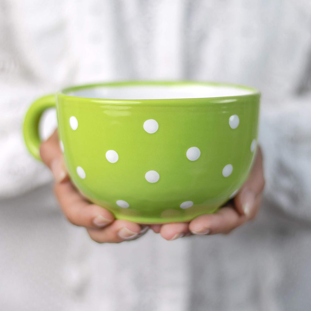 City to Cottage® - Keramik XXL Tasse 500 ml | Kaffeebecher | Grün und Weiss | Polka Dots | Handgemac