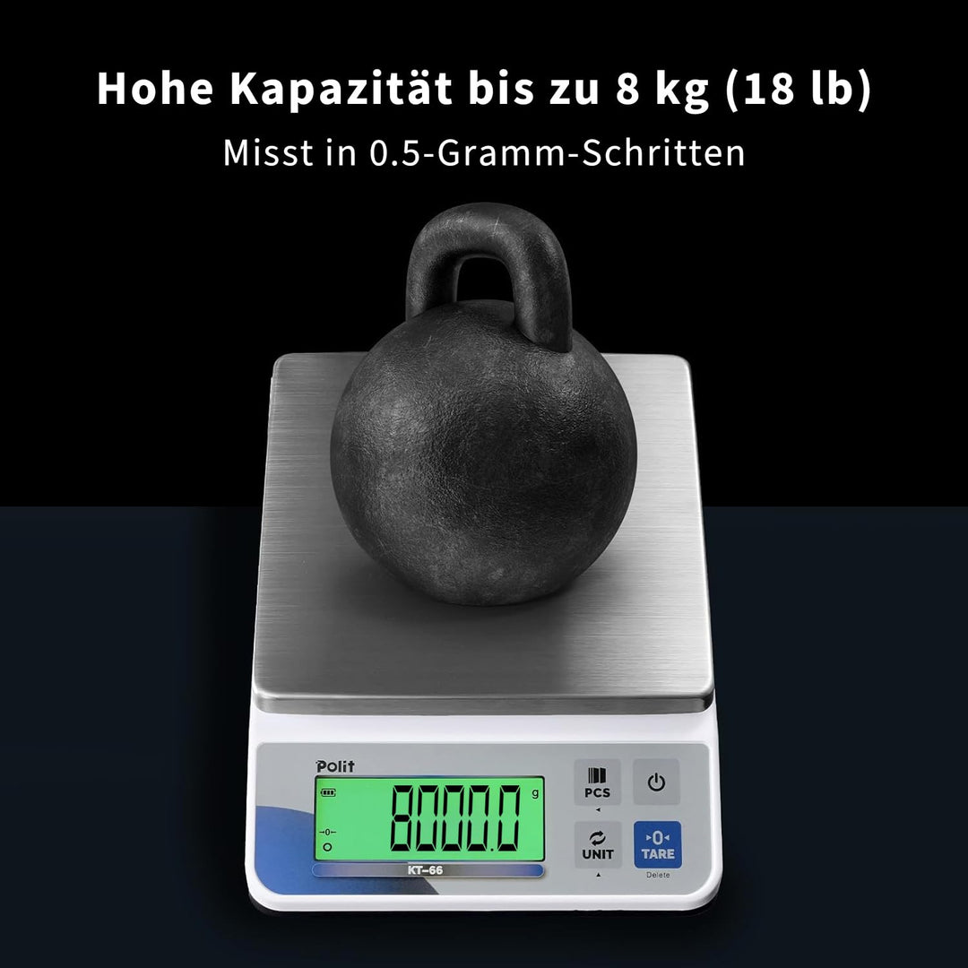 Polit KT-66 Digitale Küchenwaage 18 lb – Hochkapazitäts-Lebensmittel- & Universalwaage mit 0,5 g Prä