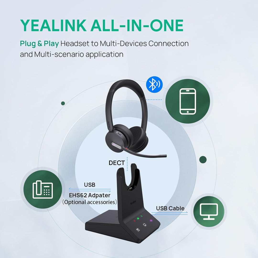Yealink WH64 Wireless Headset mit Mikrofon,185 m Reichweite DECT & Bluetooth Mono Kabelloses Headset