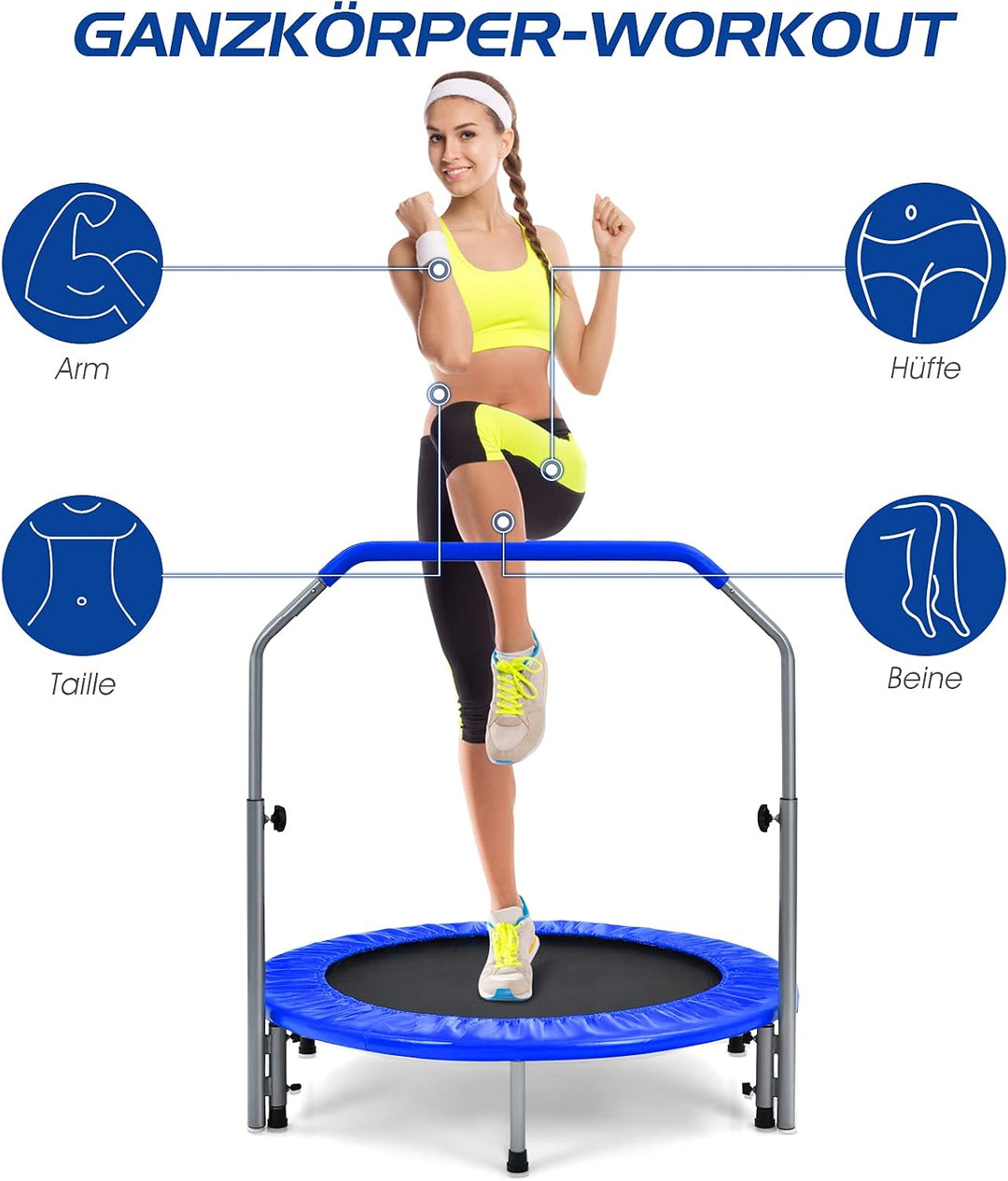 GYMAX Ø101 cm Mini Trampolin klappbar, Fitness Trampolin mit 4-stufig verstellbarem Haltegriff, Gart