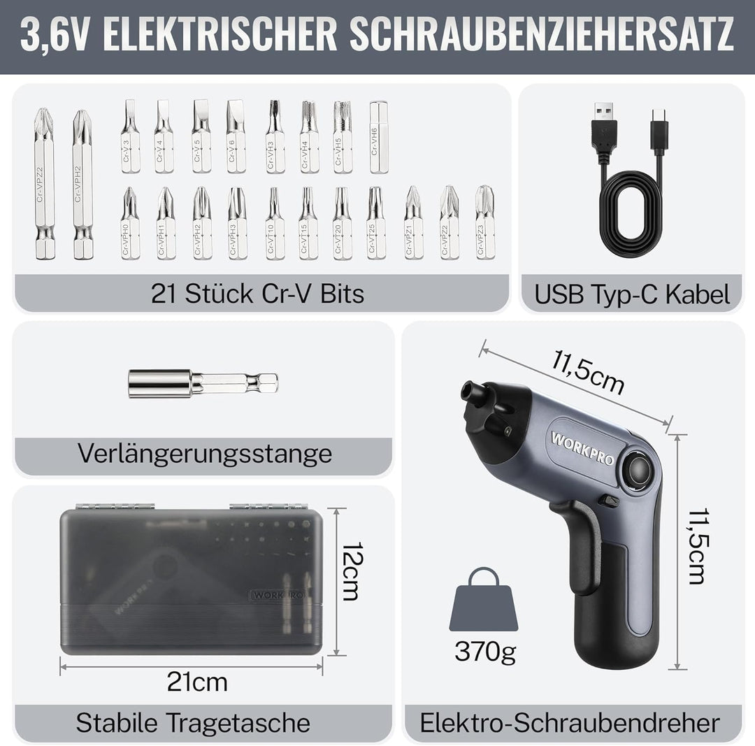 WORKPRO Akkuschrauber Set 3,6V, Exzentrischer Schraubendreher, mit 21 Bits und Verlängerungsstange,