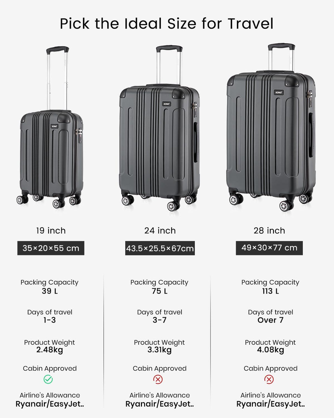 KONO 65cm Koffer Mittelgross Hartschale Trolley Rollkoffer Reisekoffer mit 4 Rollen 65x42x26cm (Koff