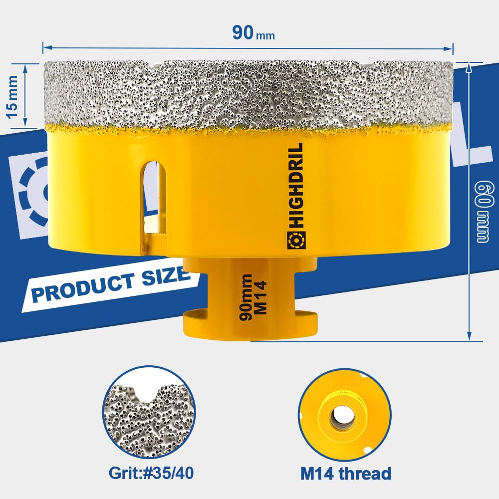 HIGHDRIL Diamant Bohrkrone - 90mm Lochsäge Fliesen M14 Gewinde für Porzellan Fliese Keramik Granit M