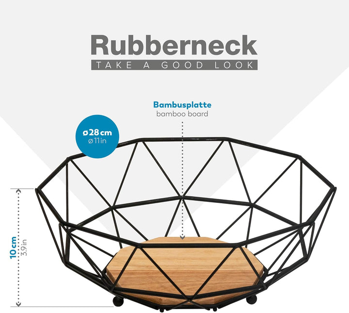 Rubberneck Obstkorb mit Holzboden aus Metall in Schwarz - Moderne Obstschale mit Holz Einsatz für Kü