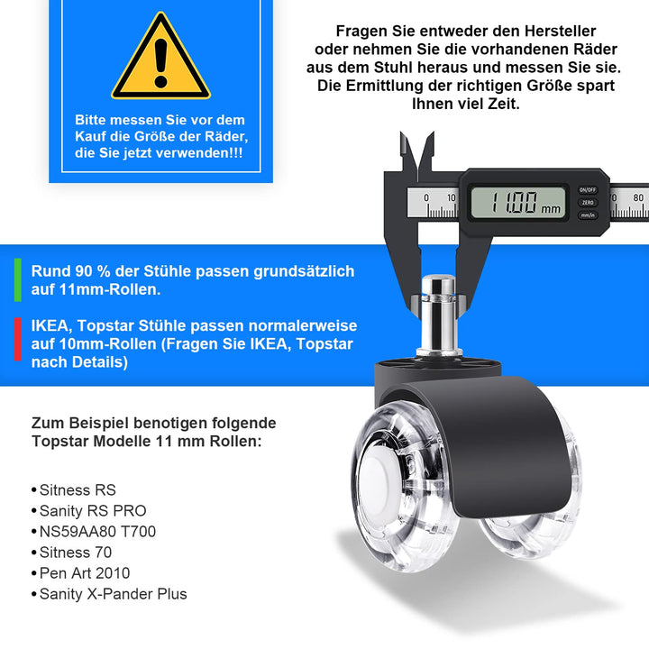 WOLAFOO Bürostuhl Rollen, Rollen für Bürostühle 11mm x 22mm, 360 Grad Drehbar Kratzfeste Hartbodenro